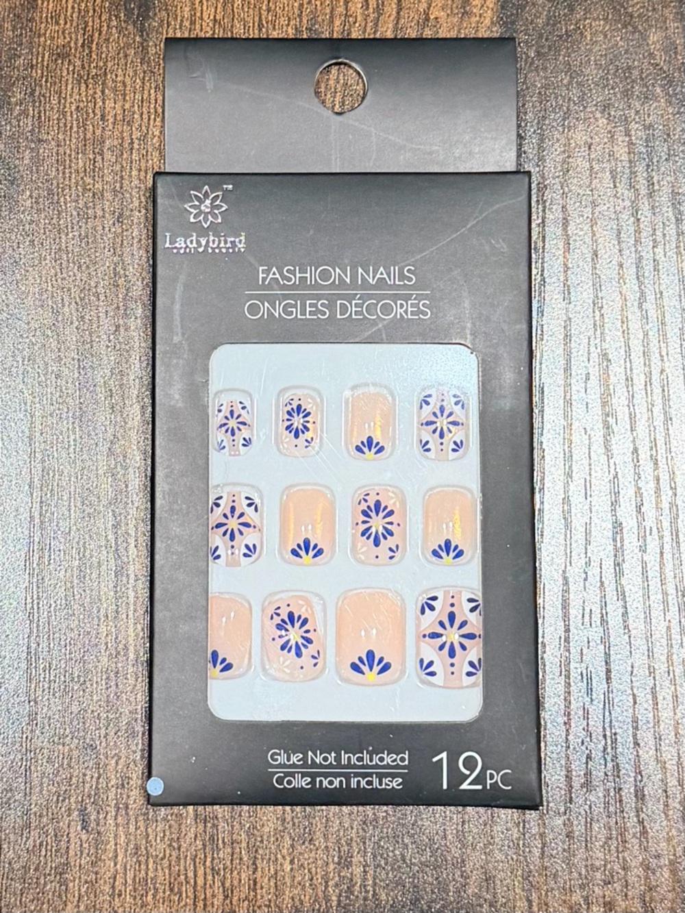 Peach Press-On Nails with Blue Floral Accents - 12 Pc